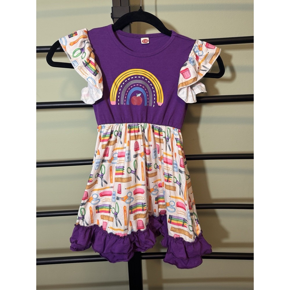 School Dress First Day Of School Colorful Ruffles With School Supplies Size 3T